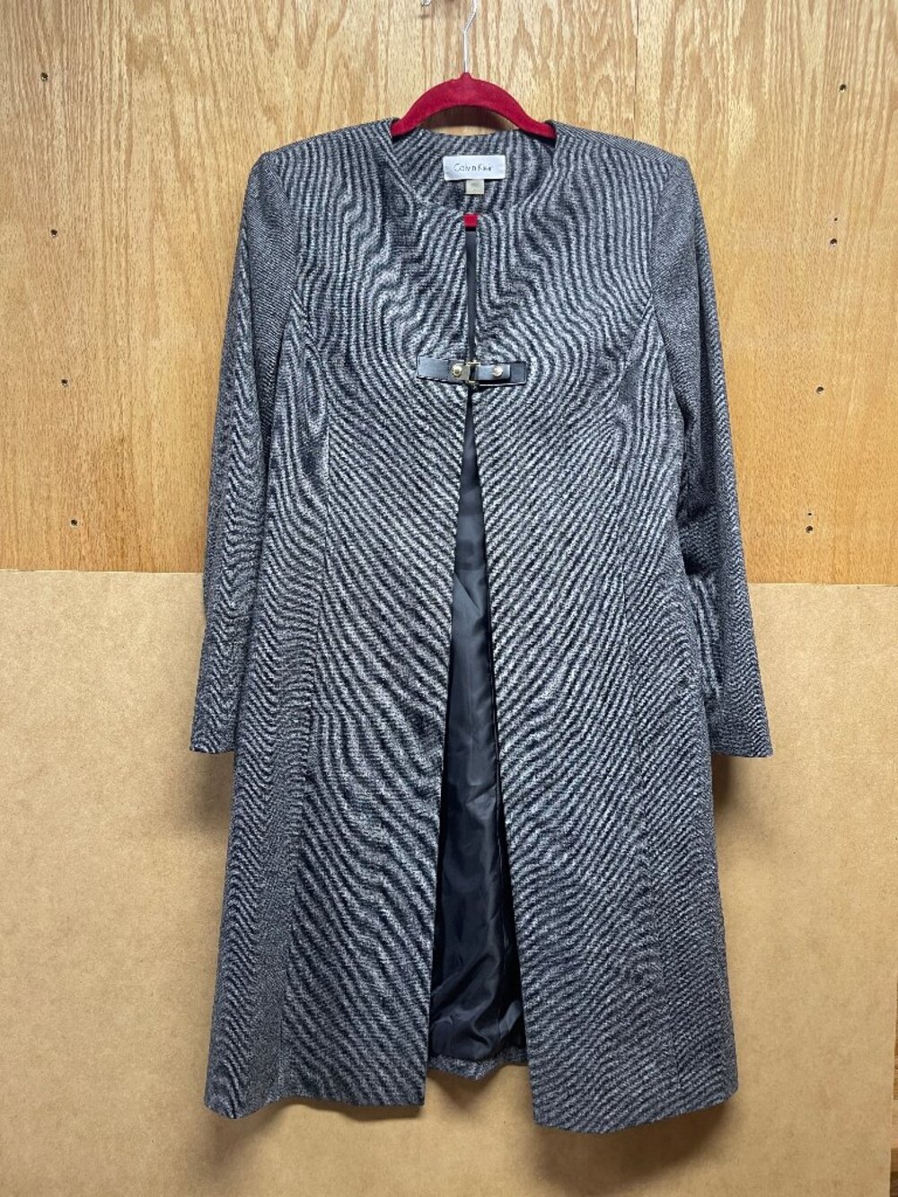 Calvin Klein Collarless Herringbone Tweed Topper Coat Faux Leather Buckle 6